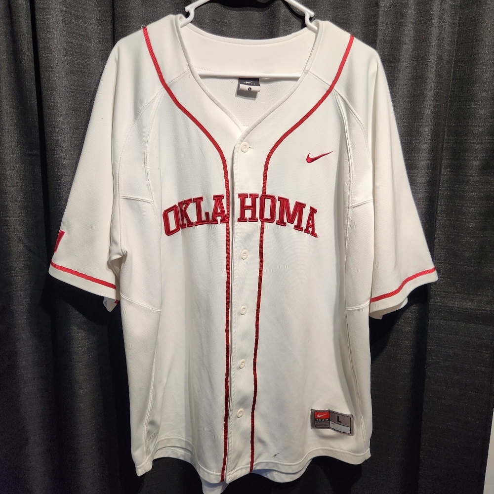 Nike Team Dri-Fit Oklahoma Sooners White Red Logo Baseball Jersey L Mens